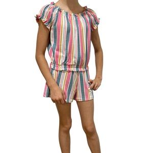 SHOSHO Top Shorts Set Size 10 Pink Stripes Comfortable Elastic Waist